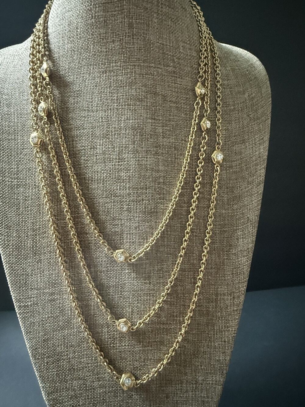 Guy Laroche Paris Multi Strand Crystal Station Necklace Gold Tone 48” Layered